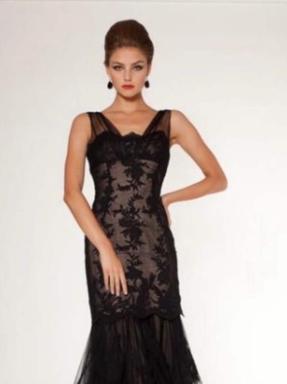Rickie Freeman Teri Jon black floral sheer lace gown mermaid